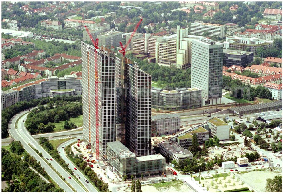 München from the bird's eye view: Construction site for new high-rise building complex HighLight Towers on corner Mies-van-der-Rohe- und Walter-Gropius-Strasse in the district Schwabing-Freimann in Munich in the state Bavaria, Germany