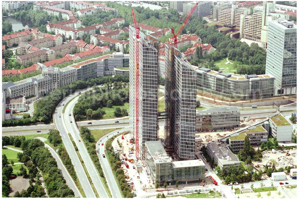 Aerial image München - Construction site for new high-rise building complex HighLight Towers on corner Mies-van-der-Rohe- und Walter-Gropius-Strasse in the district Schwabing-Freimann in Munich in the state Bavaria, Germany