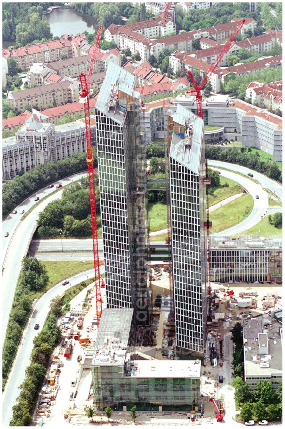 Aerial photograph München - Construction site for new high-rise building complex HighLight Towers on corner Mies-van-der-Rohe- und Walter-Gropius-Strasse in the district Schwabing-Freimann in Munich in the state Bavaria, Germany