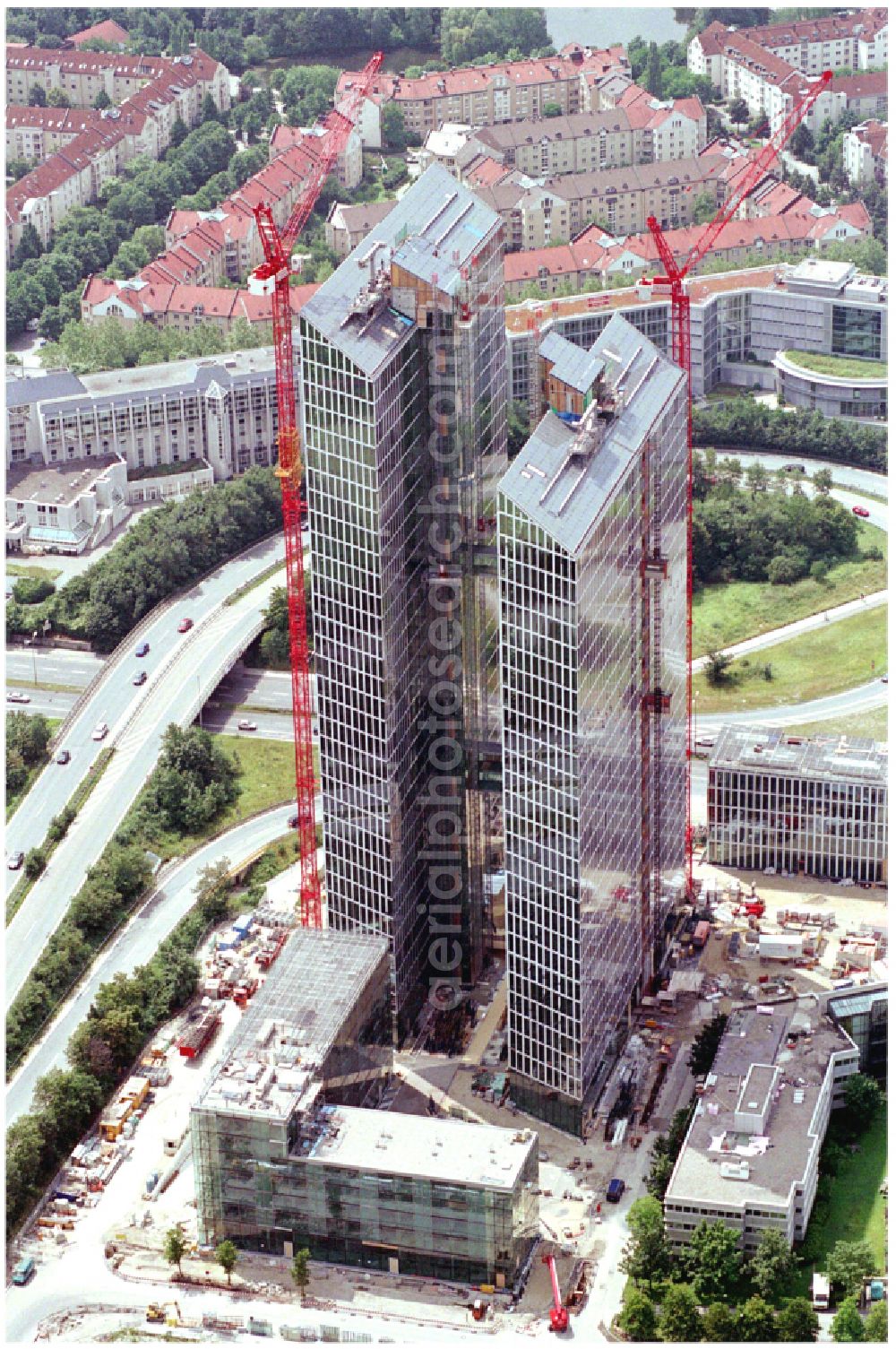 München from above - Construction site for new high-rise building complex HighLight Towers on corner Mies-van-der-Rohe- und Walter-Gropius-Strasse in the district Schwabing-Freimann in Munich in the state Bavaria, Germany