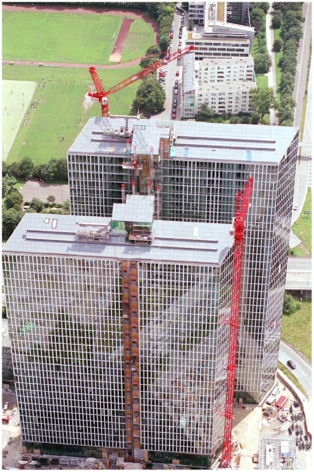 Aerial image München - Construction site for new high-rise building complex HighLight Towers on corner Mies-van-der-Rohe- und Walter-Gropius-Strasse in the district Schwabing-Freimann in Munich in the state Bavaria, Germany