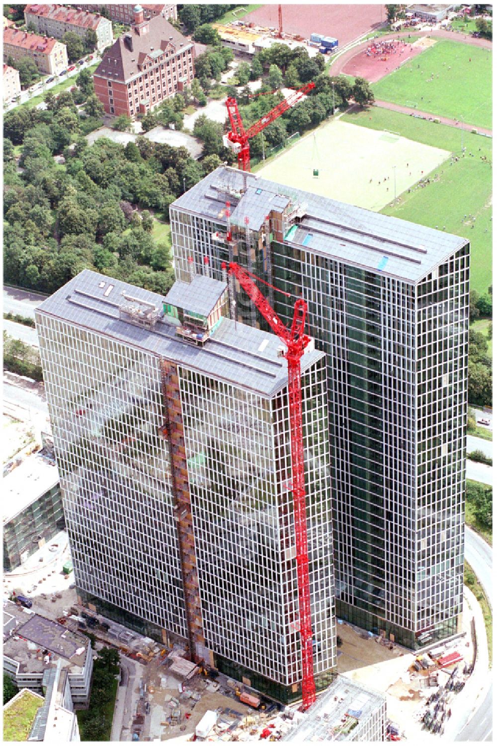 München from above - Construction site for new high-rise building complex HighLight Towers on corner Mies-van-der-Rohe- und Walter-Gropius-Strasse in the district Schwabing-Freimann in Munich in the state Bavaria, Germany