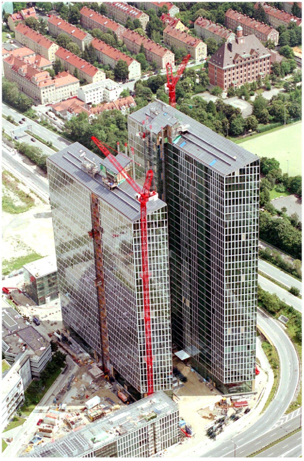 Aerial image München - Construction site for new high-rise building complex HighLight Towers on corner Mies-van-der-Rohe- und Walter-Gropius-Strasse in the district Schwabing-Freimann in Munich in the state Bavaria, Germany