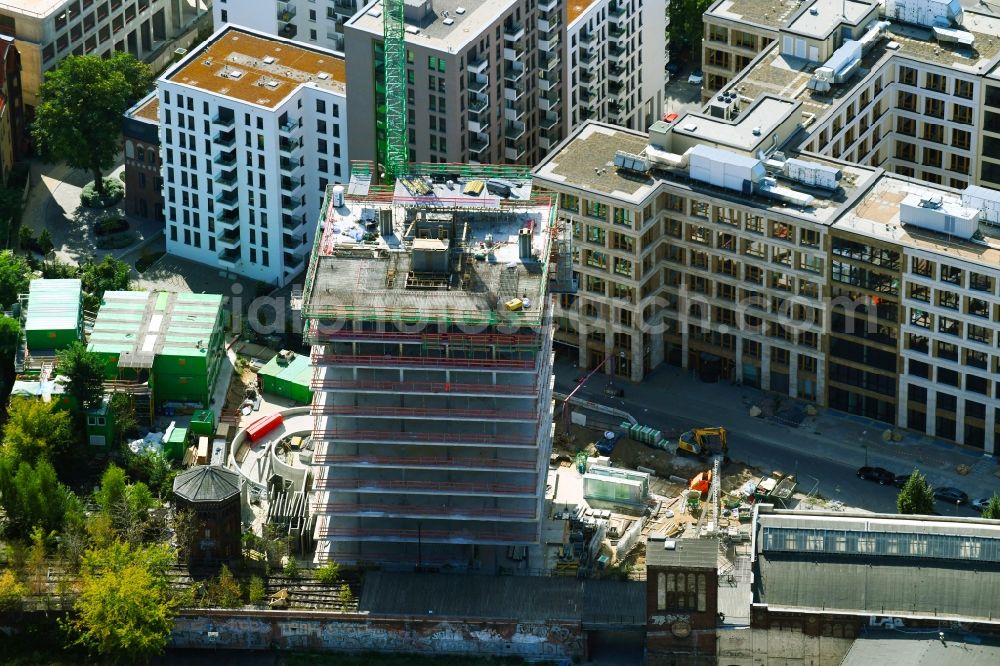 Berlin from above - Construction site for new high-rise building complex Hochhaus on Postbahnhof in the district Friedrichshain in Berlin, Germany