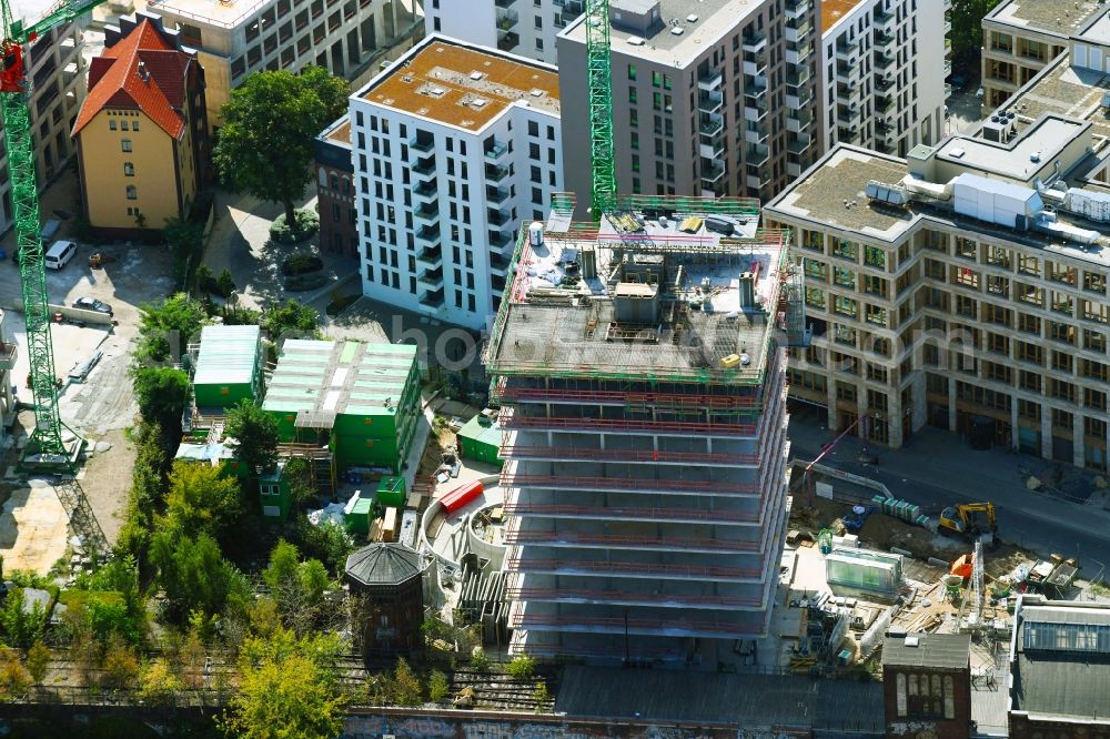 Aerial image Berlin - Construction site for new high-rise building complex Hochhaus on Postbahnhof in the district Friedrichshain in Berlin, Germany