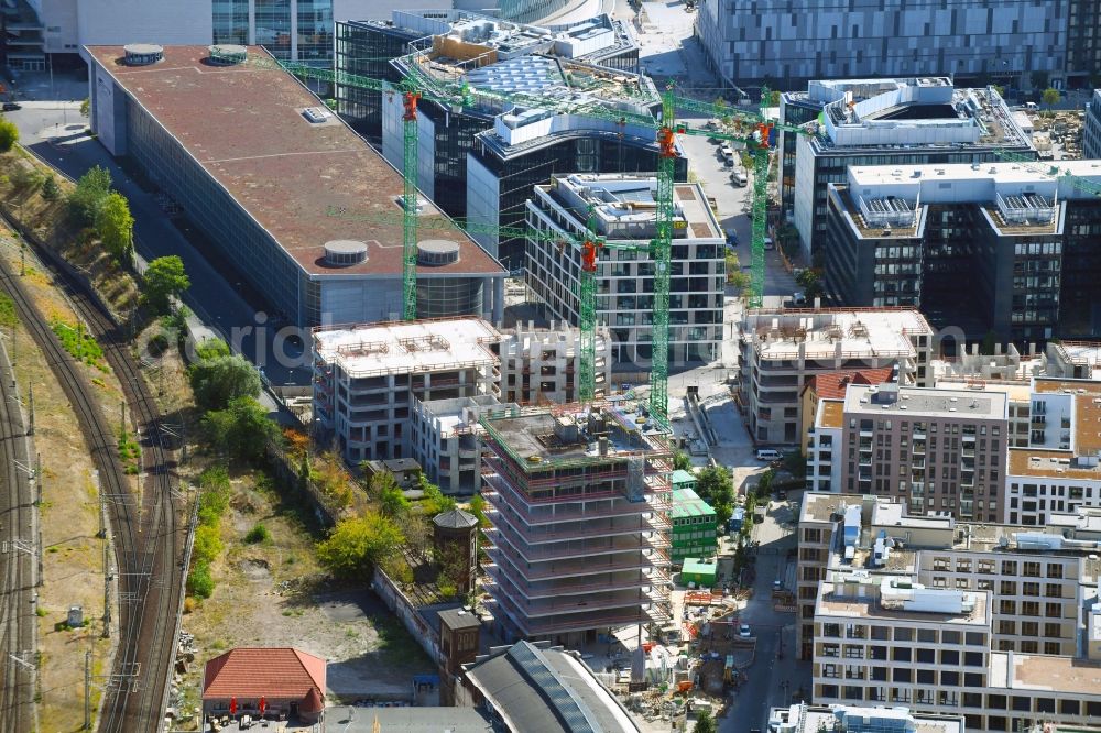 Aerial photograph Berlin - Construction site for new high-rise building complex Hochhaus on Postbahnhof in the district Friedrichshain in Berlin, Germany