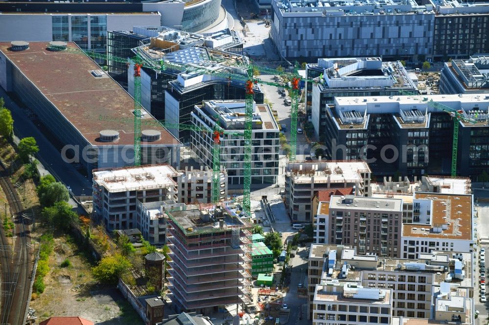 Berlin from above - Construction site for new high-rise building complex Hochhaus on Postbahnhof in the district Friedrichshain in Berlin, Germany