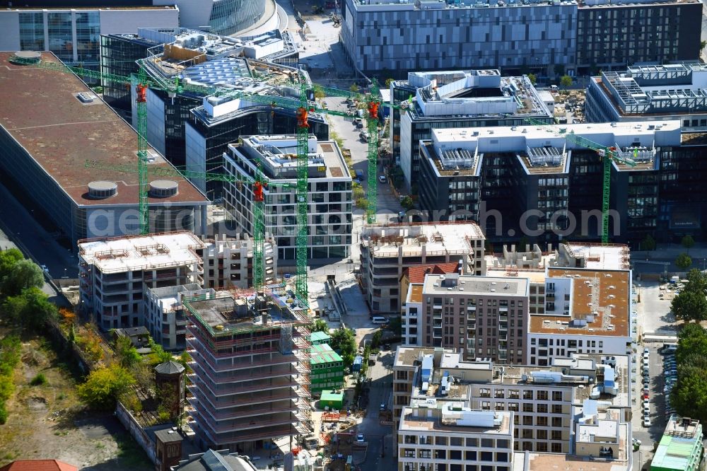 Berlin from the bird's eye view: Construction site for new high-rise building complex Hochhaus on Postbahnhof in the district Friedrichshain in Berlin, Germany