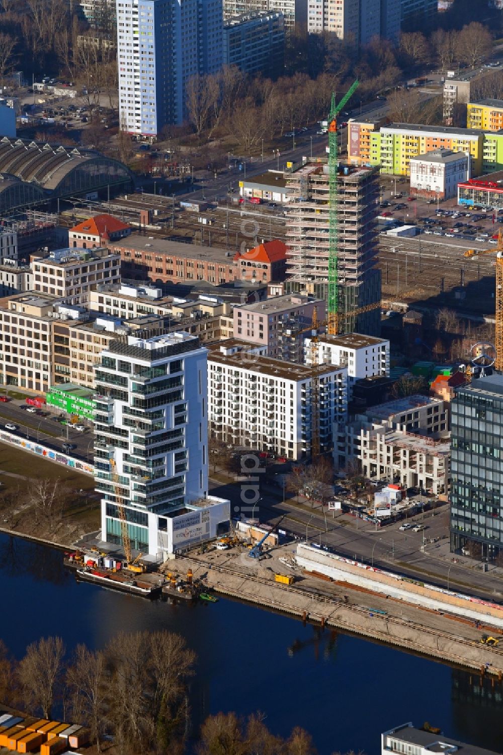 Aerial image Berlin - Construction site for new high-rise building complex Hochhaus on Postbahnhof in the district Friedrichshain in Berlin, Germany