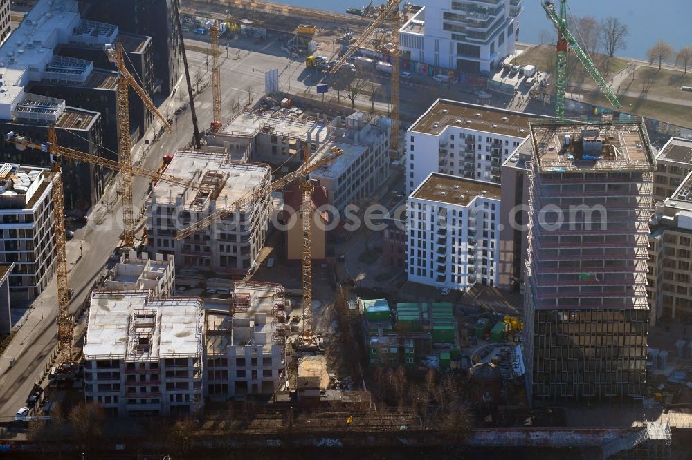 Berlin from above - Construction site for new high-rise building complex Hochhaus on Postbahnhof in the district Friedrichshain in Berlin, Germany