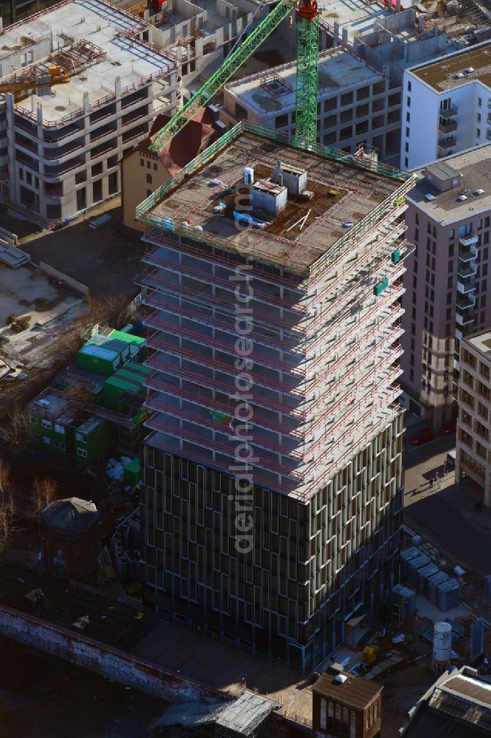 Aerial image Berlin - Construction site for new high-rise building complex Hochhaus on Postbahnhof in the district Friedrichshain in Berlin, Germany