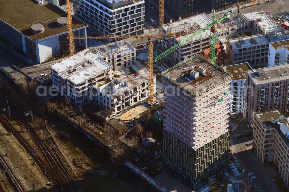 Berlin from above - Construction site for new high-rise building complex Hochhaus on Postbahnhof in the district Friedrichshain in Berlin, Germany