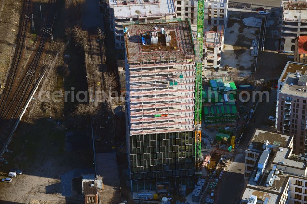 Aerial image Berlin - Construction site for new high-rise building complex Hochhaus on Postbahnhof in the district Friedrichshain in Berlin, Germany