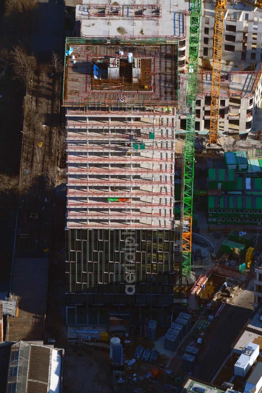 Berlin from above - Construction site for new high-rise building complex Hochhaus on Postbahnhof in the district Friedrichshain in Berlin, Germany