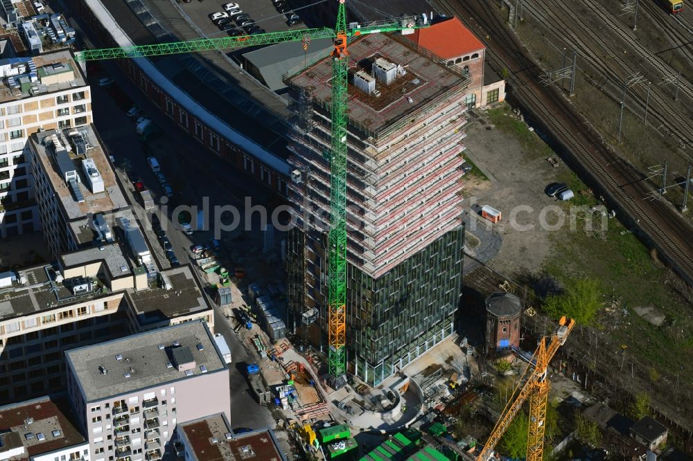 Berlin from above - Construction site for new high-rise building complex Hochhaus on Postbahnhof in the district Friedrichshain in Berlin, Germany