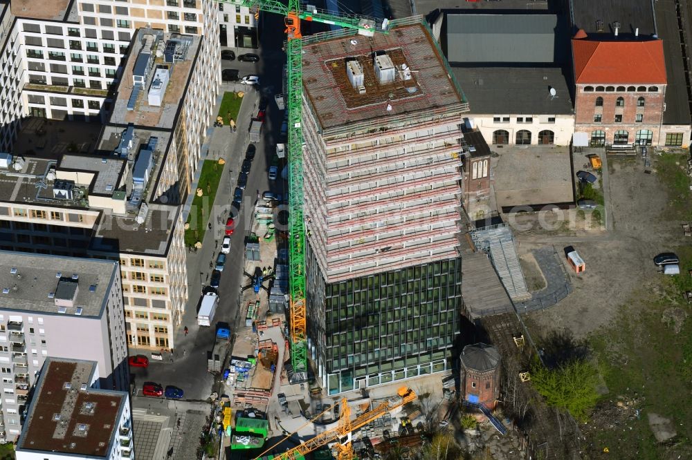 Aerial image Berlin - Construction site for new high-rise building complex Hochhaus on Postbahnhof in the district Friedrichshain in Berlin, Germany