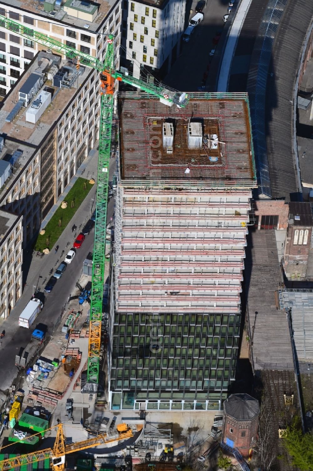 Berlin from above - Construction site for new high-rise building complex Hochhaus on Postbahnhof in the district Friedrichshain in Berlin, Germany