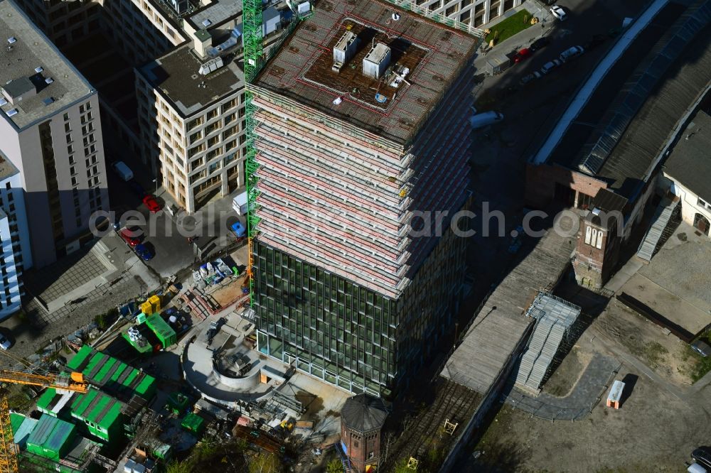 Berlin from the bird's eye view: Construction site for new high-rise building complex Hochhaus on Postbahnhof in the district Friedrichshain in Berlin, Germany