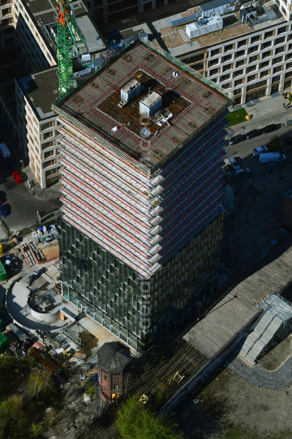 Aerial image Berlin - Construction site for new high-rise building complex Hochhaus on Postbahnhof in the district Friedrichshain in Berlin, Germany