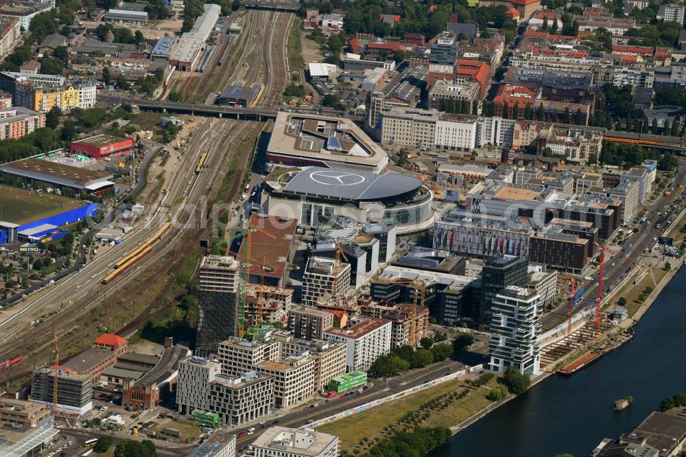 Berlin from above - Construction site for new high-rise building complex Hochhaus on Postbahnhof in the district Friedrichshain in Berlin, Germany