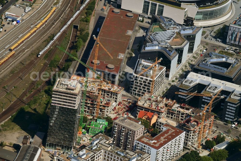 Aerial image Berlin - Construction site for new high-rise building complex Hochhaus on Postbahnhof in the district Friedrichshain in Berlin, Germany