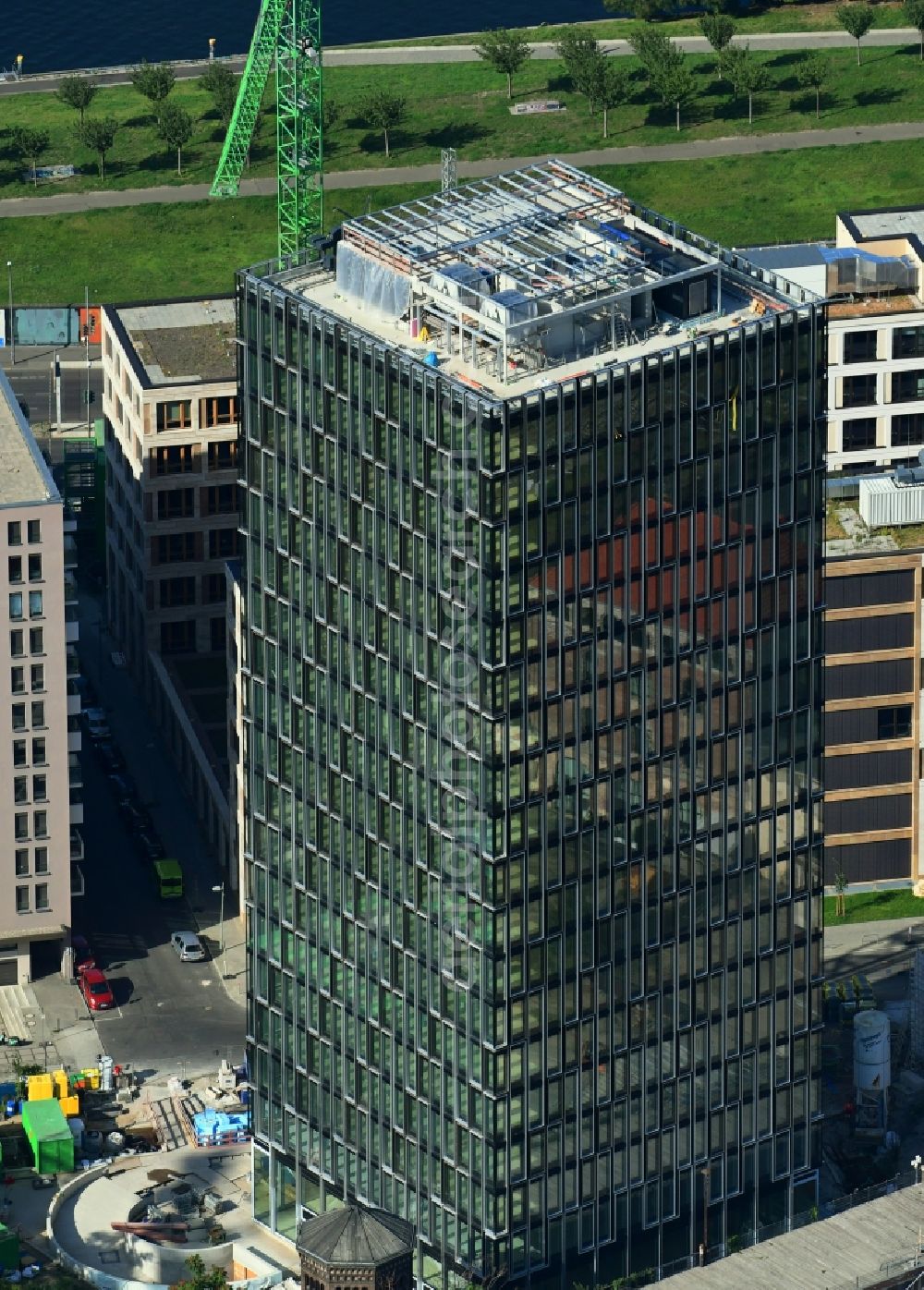 Aerial photograph Berlin - Construction site for new high-rise building complex Hochhaus on Postbahnhof in the district Friedrichshain in Berlin, Germany