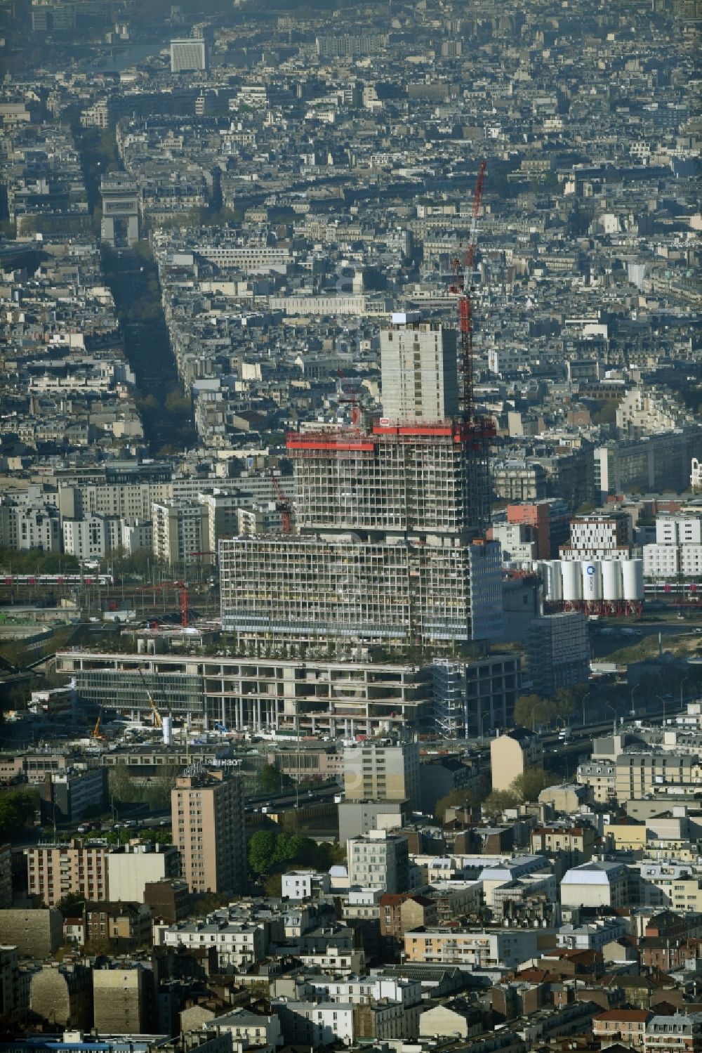 Aerial image Paris - Construction site for new high-rise building complex des Justiz- Palast T.G.I. Batignolles on boulevard Berthier in Paris in Ile-de-France, France