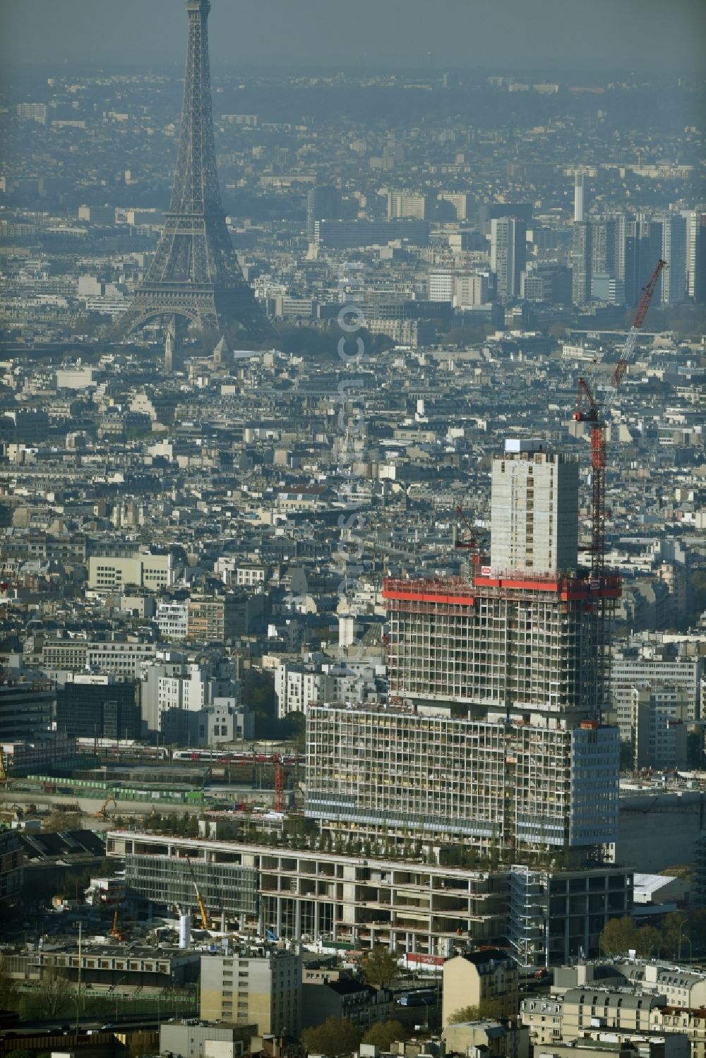 Aerial image Paris - Construction site for new high-rise building complex des Justiz- Palast T.G.I. Batignolles on boulevard Berthier in Paris in Ile-de-France, France