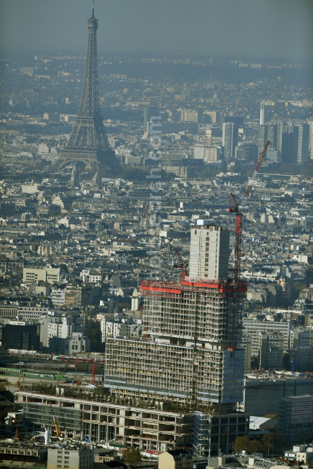 Paris from above - Construction site for new high-rise building complex des Justiz- Palast T.G.I. Batignolles on boulevard Berthier in Paris in Ile-de-France, France