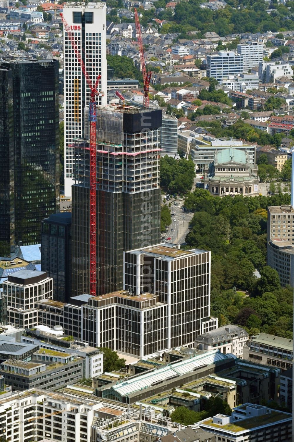 Frankfurt am Main from the bird's eye view: Construction site for new high-rise building complex OMNITURM on Taunusanlage in Frankfurt in the state Hesse, Germany