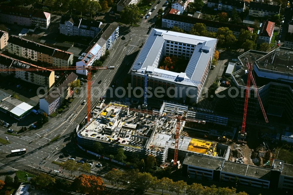 Mannheim from above - Construction site for new high-rise building complex Rollbuehlstrasse corner Kallstadter Strasse in the district Kaefertal in Mannheim in the state Baden-Wuerttemberg, Germany