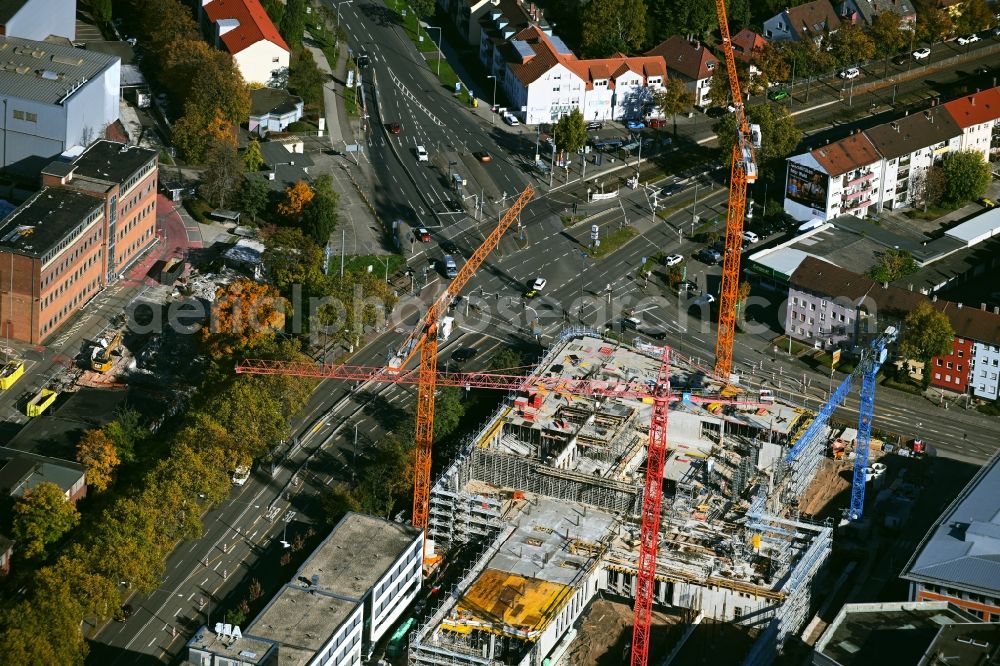 Mannheim from the bird's eye view: Construction site for new high-rise building complex Rollbuehlstrasse corner Kallstadter Strasse in the district Kaefertal in Mannheim in the state Baden-Wuerttemberg, Germany