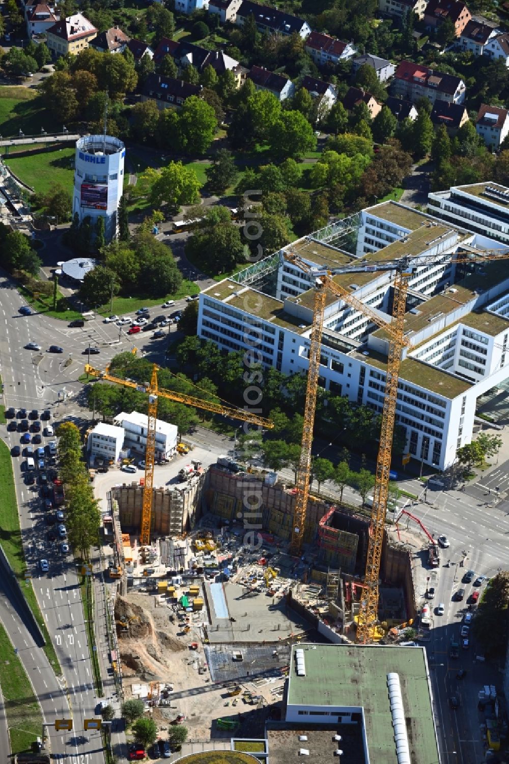 Stuttgart from above - Construction site for new high-rise building complex a??Porsche Towera?? on corner Heilbronner Strasse corner Siemensstrasse in the district Feuerbach-Ost in Stuttgart in the state Baden-Wuerttemberg, Germany
