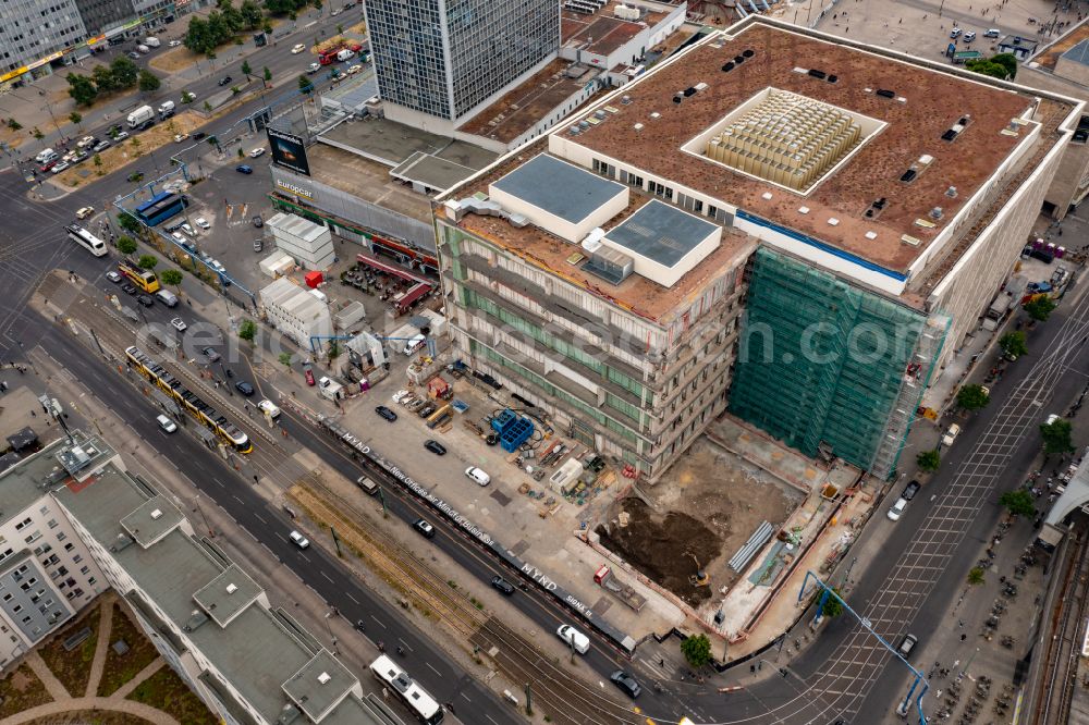 Berlin from above - Construction site for the new construction of the high-rise building complex Signa building at the department store Galeria Kaufhof on Karl-Liebknecht-Strasse in the district Mitte in Berlin, Germany