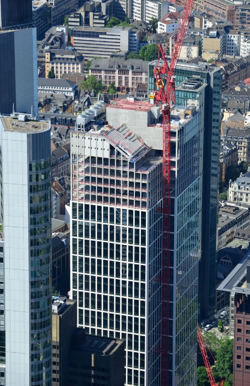 Frankfurt am Main from the bird's eye view: Construction site for new high-rise building complex Taunusturm in Frankfurt in the state Hesse, Germany