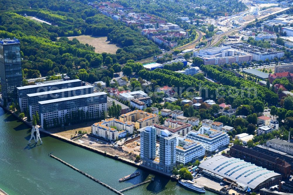 Aerial image Berlin - Construction site for new high-rise building complex on river site of Spree along the Fanny-Zobel-Strasse in the district Treptow in Berlin, Germany