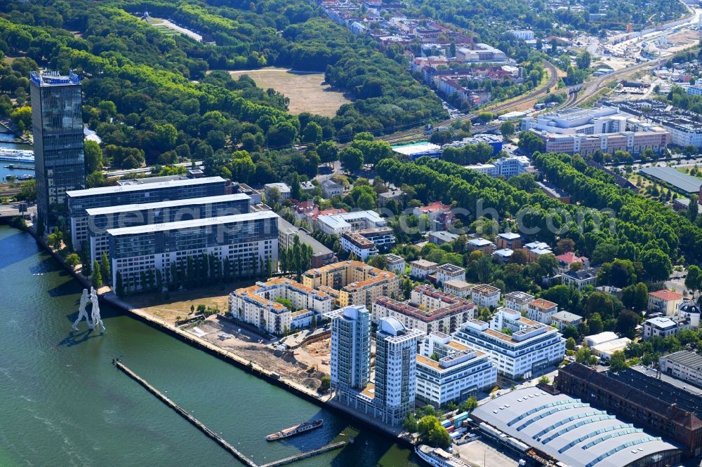 Berlin from above - Construction site for new high-rise building complex on river site of Spree along the Fanny-Zobel-Strasse in the district Treptow in Berlin, Germany