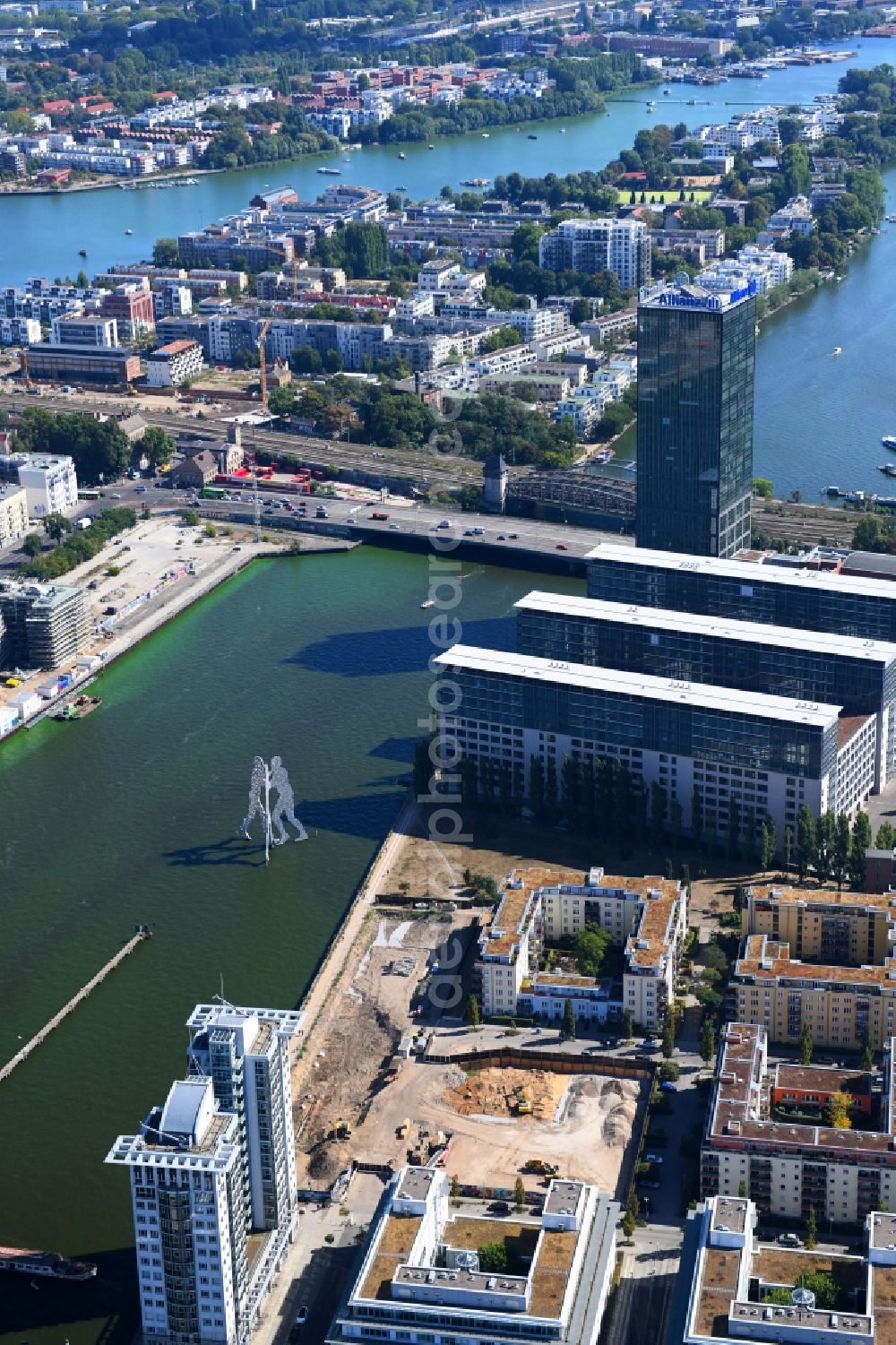 Berlin from above - Construction site for new high-rise building complex on river site of Spree along the Fanny-Zobel-Strasse in the district Treptow in Berlin, Germany