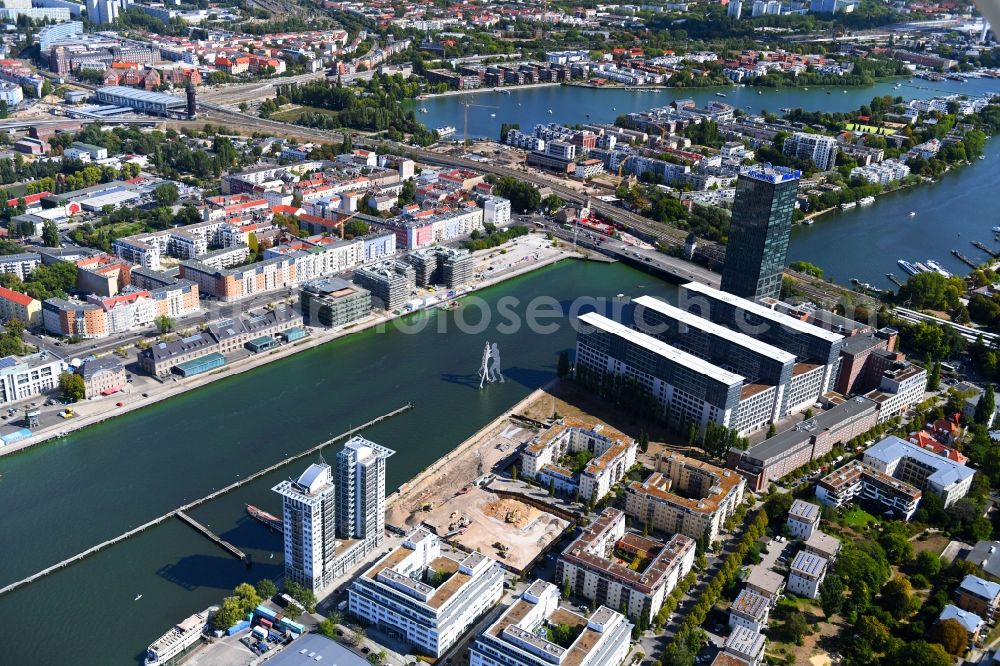 Aerial image Berlin - Construction site for new high-rise building complex on river site of Spree along the Fanny-Zobel-Strasse in the district Treptow in Berlin, Germany