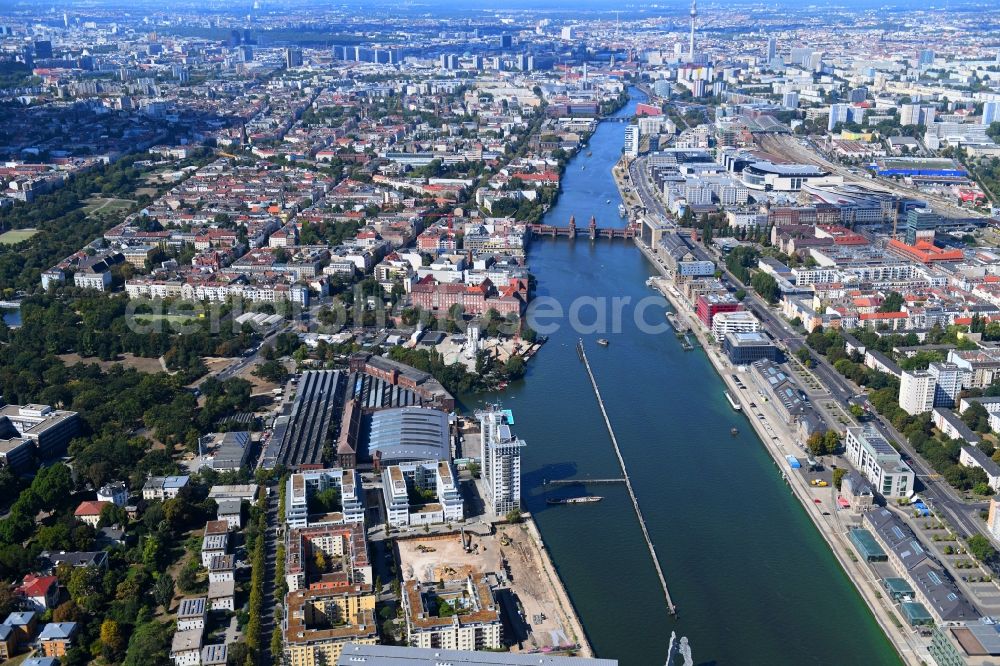 Berlin from above - Construction site for new high-rise building complex on river site of Spree along the Fanny-Zobel-Strasse in the district Treptow in Berlin, Germany