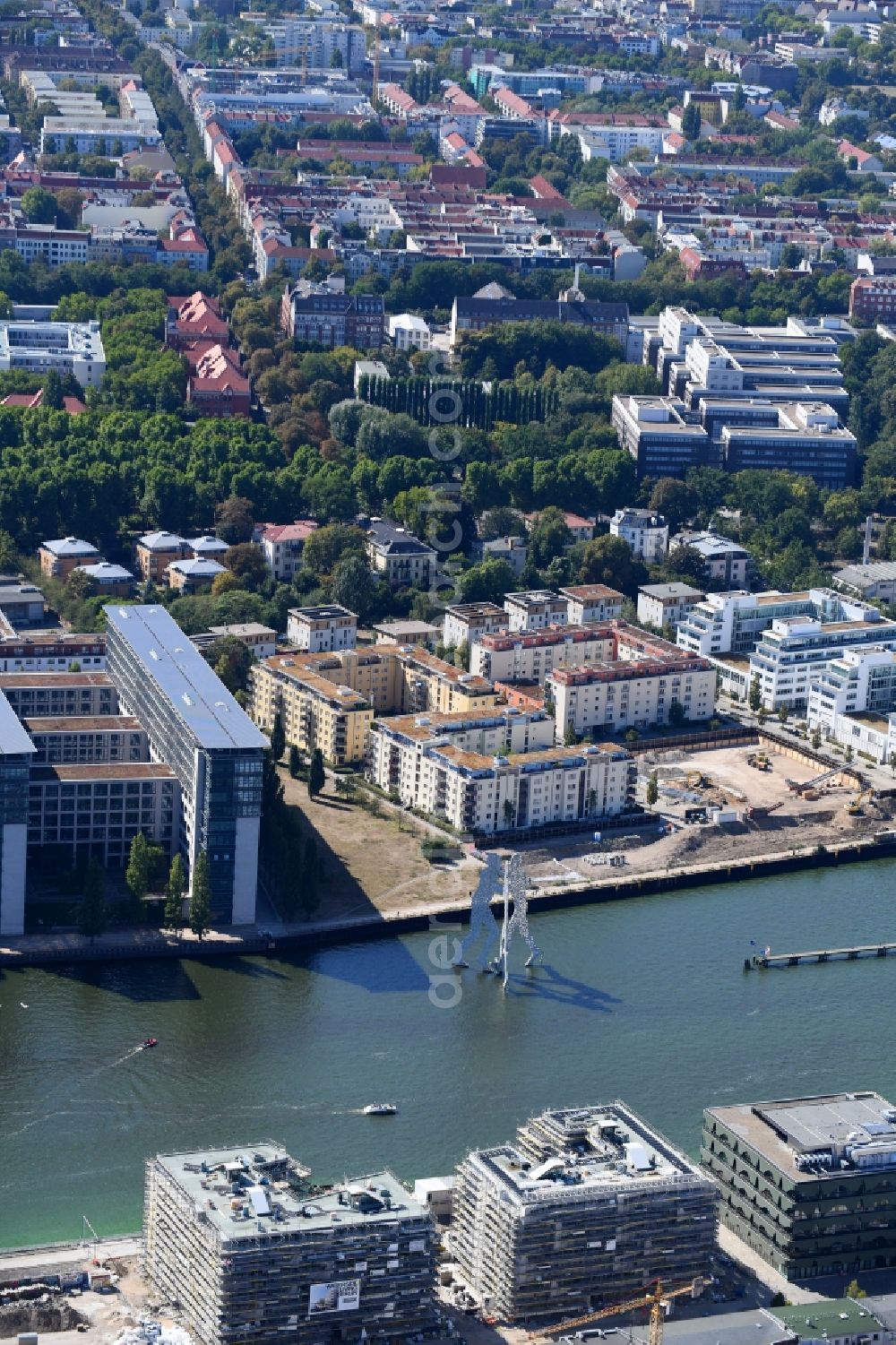 Aerial image Berlin - Construction site for new high-rise building complex on river site of Spree along the Fanny-Zobel-Strasse in the district Treptow in Berlin, Germany