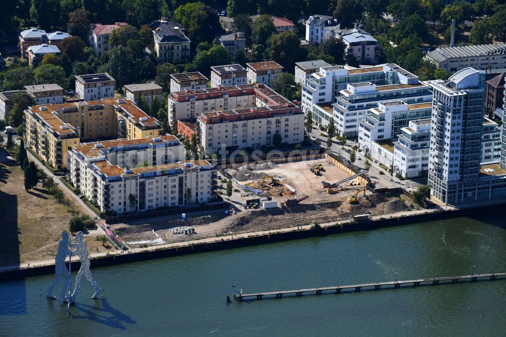 Berlin from above - Construction site for new high-rise building complex on river site of Spree along the Fanny-Zobel-Strasse in the district Treptow in Berlin, Germany