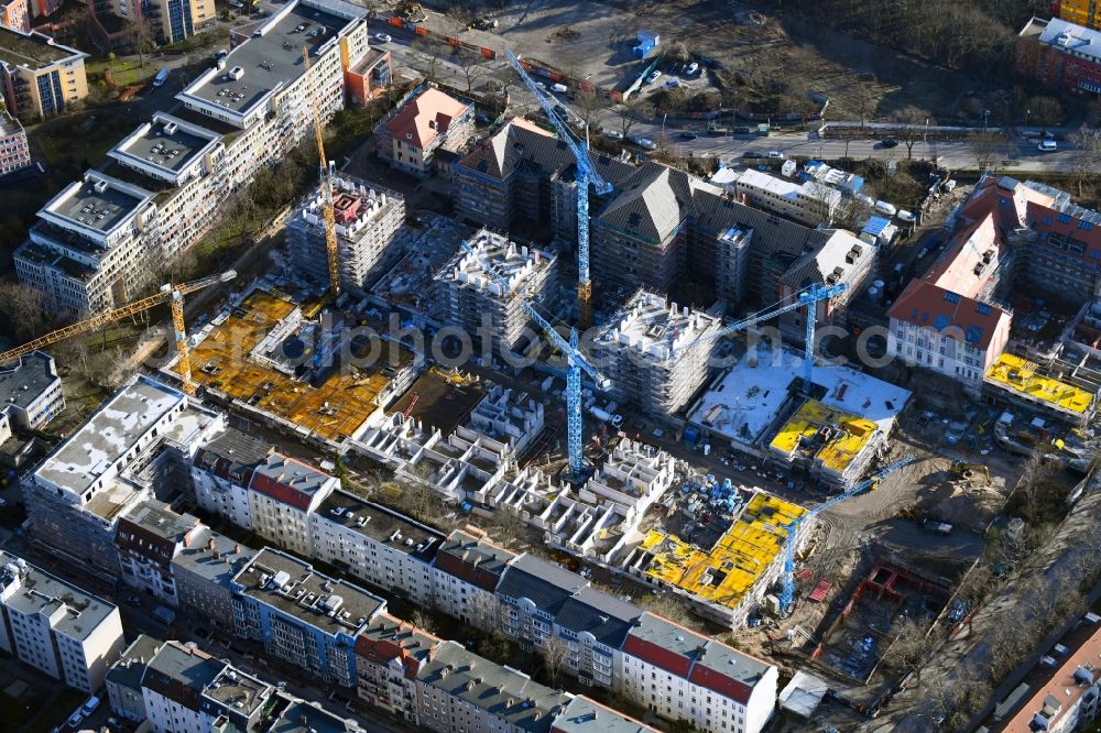 Aerial photograph Berlin - Construction site for new high-rise building complex am Wohnpark St. Marien in the district Neukoelln in Berlin, Germany