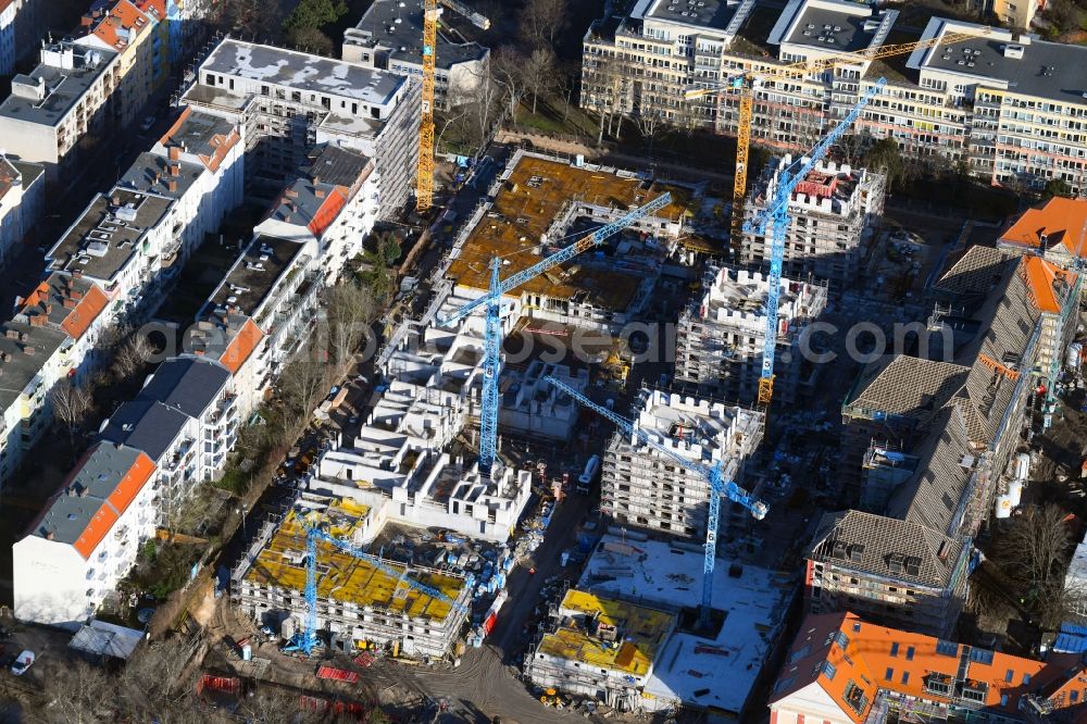 Aerial image Berlin - Construction site for new high-rise building complex am Wohnpark St. Marien in the district Neukoelln in Berlin, Germany