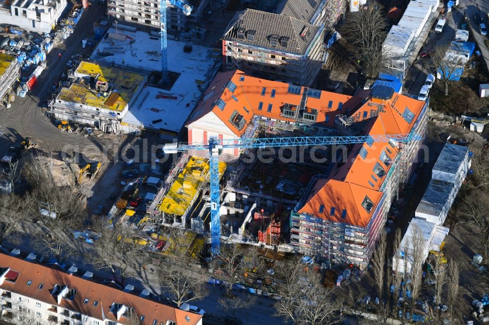 Berlin from above - Construction site for new high-rise building complex am Wohnpark St. Marien in the district Neukoelln in Berlin, Germany