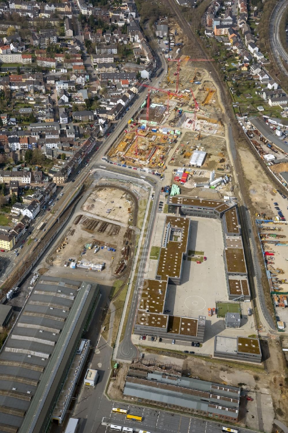 Aerial photograph Mülheim an der Ruhr - Construction site for the new building of the University of Duisburg in the Ruhr West Street in Mülheim an der Ruhr in North Rhine-Westphalia