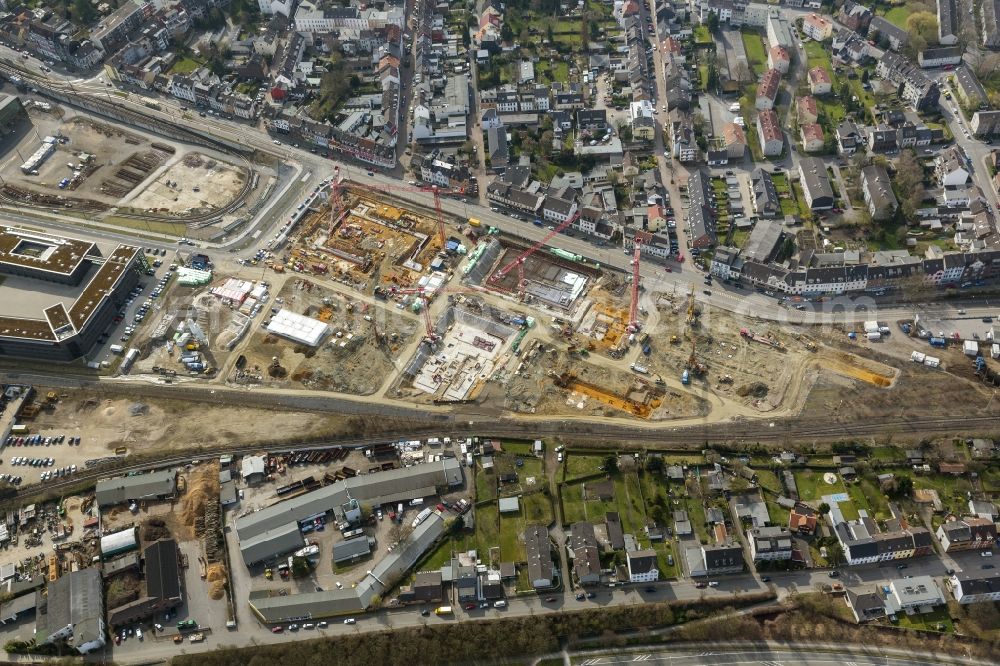 Mülheim an der Ruhr from the bird's eye view: Construction site for the new building of the University of Duisburg in the Ruhr West Street in Mülheim an der Ruhr in North Rhine-Westphalia