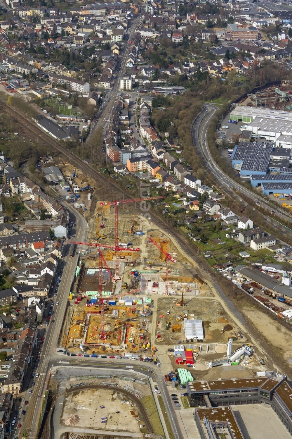 Mülheim an der Ruhr from above - Construction site for the new building of the University of Duisburg in the Ruhr West Street in Mülheim an der Ruhr in North Rhine-Westphalia