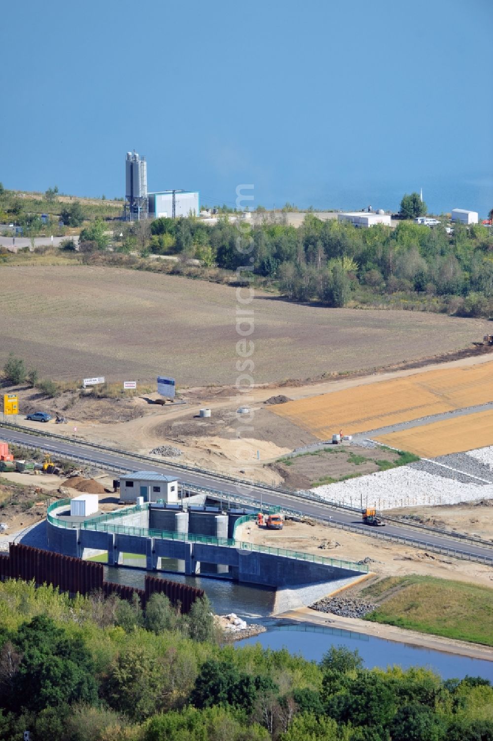 Zitschen from above - Construction site to build a new high-water intake structure on the western shore of Lake Zwenkau at Zitschen in Saxony