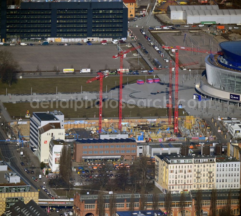 Aerial photograph Berlin - Construction site to build a new hotel and office campus on the Anschutz area in the district of Friedrichshain in Berlin. Porr Solutions Germany GmbH is the owner and developer of the property